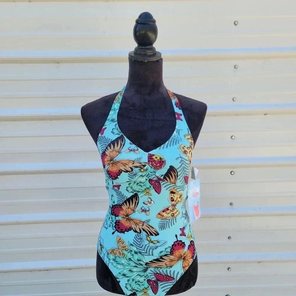 NWT $85 1PC WOMENS CHRISTINA SWIMWEAR BUST SUPPORT SWIMSUIT Aqua Butterflys sz 8